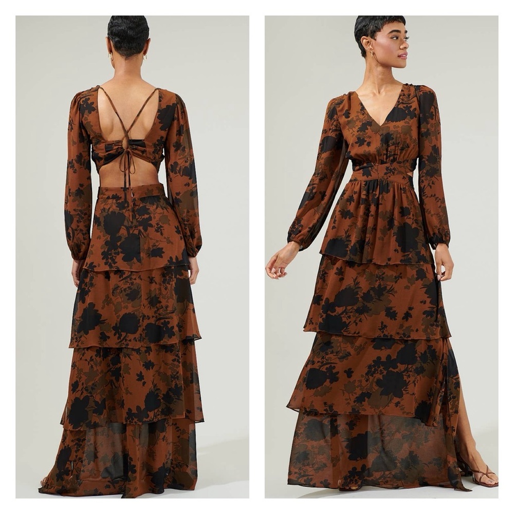Brown and Black Floral Pleated Maxi Dress by Sugarlips